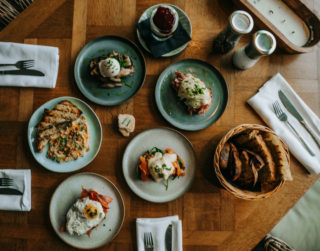 Selection of small plates and sharing dishes for breakfast