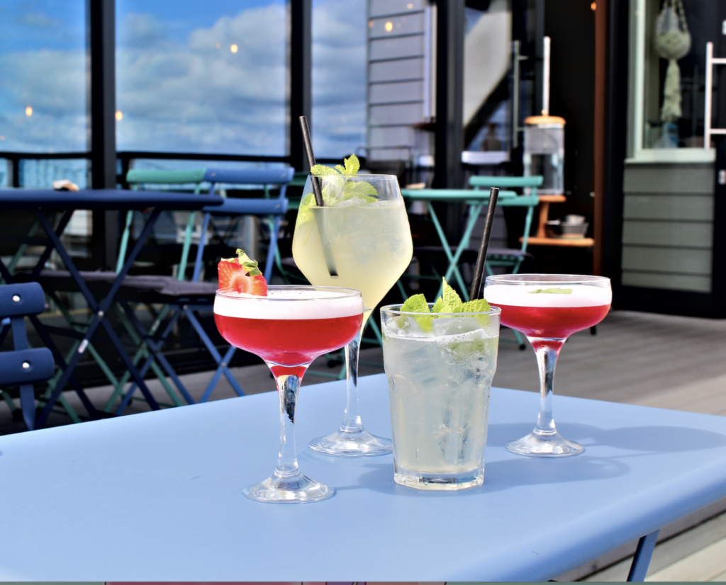 New cocktail and mocktail options at Tidehouse - Photographed on our terrace looking over the Whitstable coast.